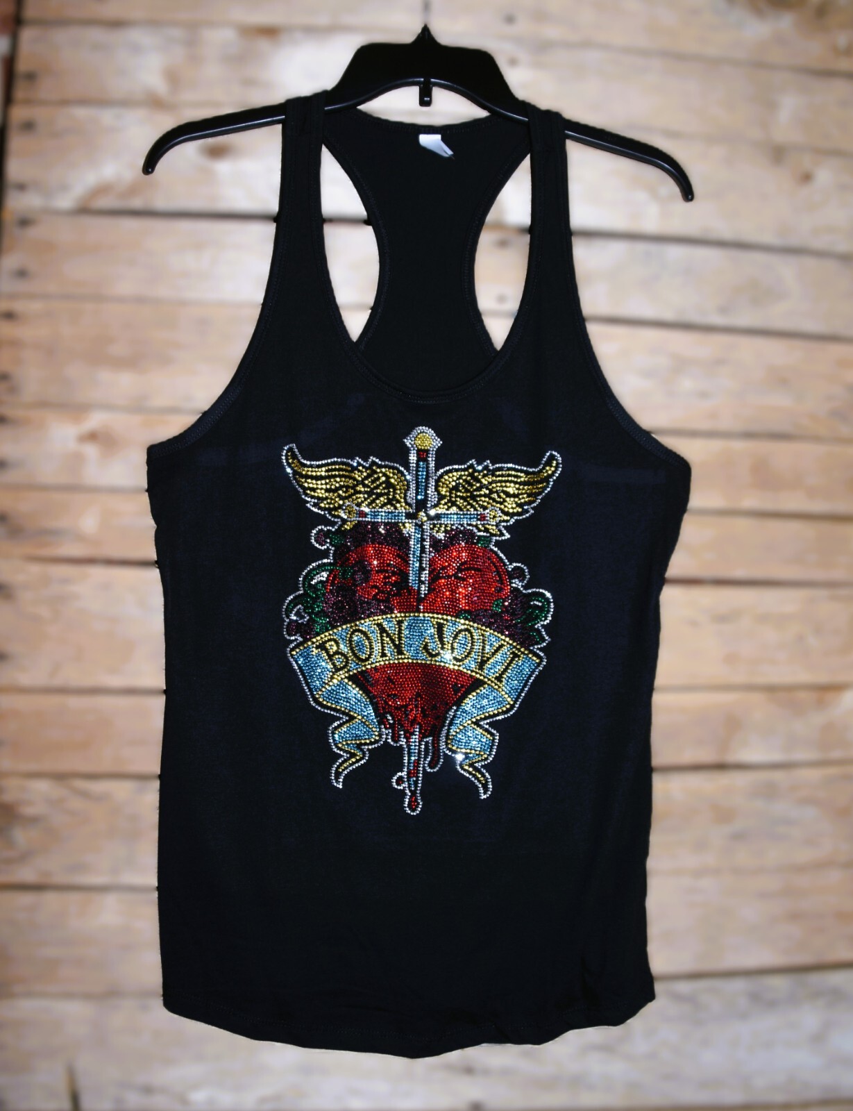 Bon Jovi rhinestone bling black racer back tank top XS, S, M, L, XL, 2XL