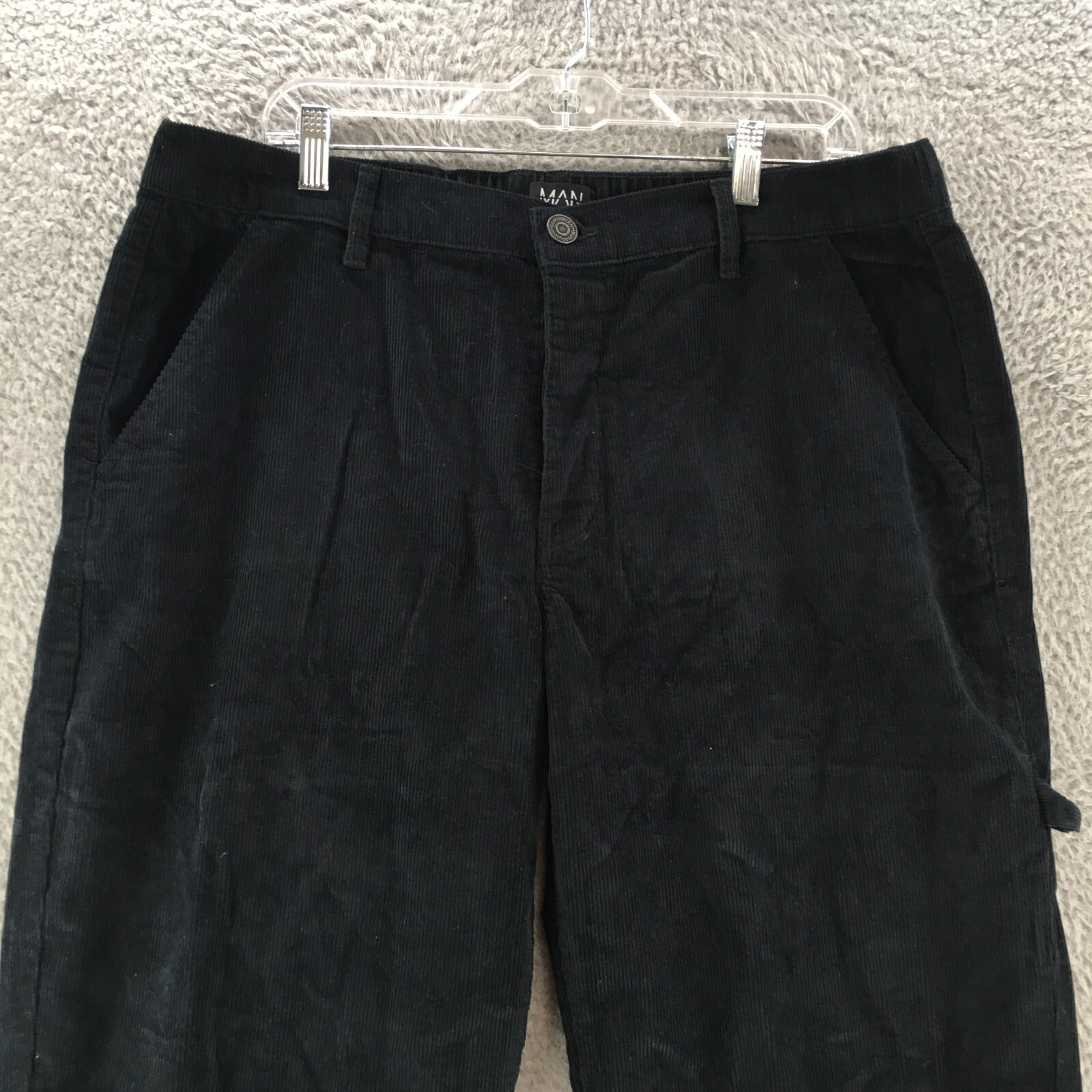 Man BoohooMan Corduroy Carpenter Pants Mens 36 Black Slash Pockets Mid Rise