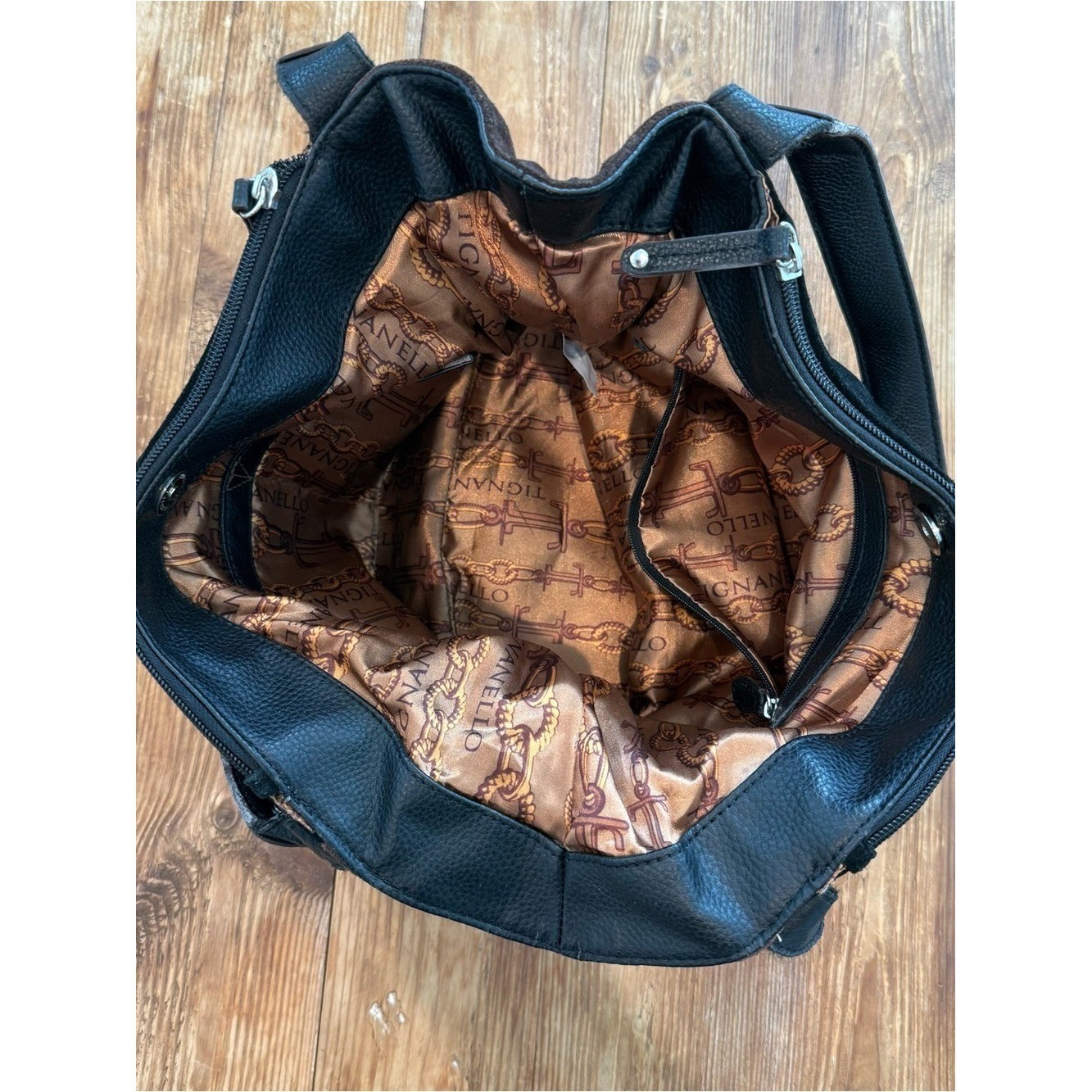 Tignanello Y2K Black Brown Zipper Suede Leather Hobo Womens Shoulder Handbag EUC