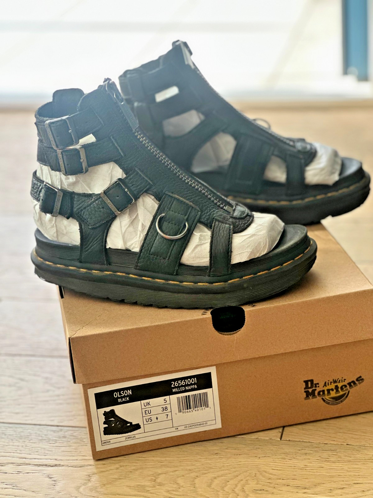 Dr Martens Olson Womens Size US7 EU38 Black Leather Gladiator Platform Sandals