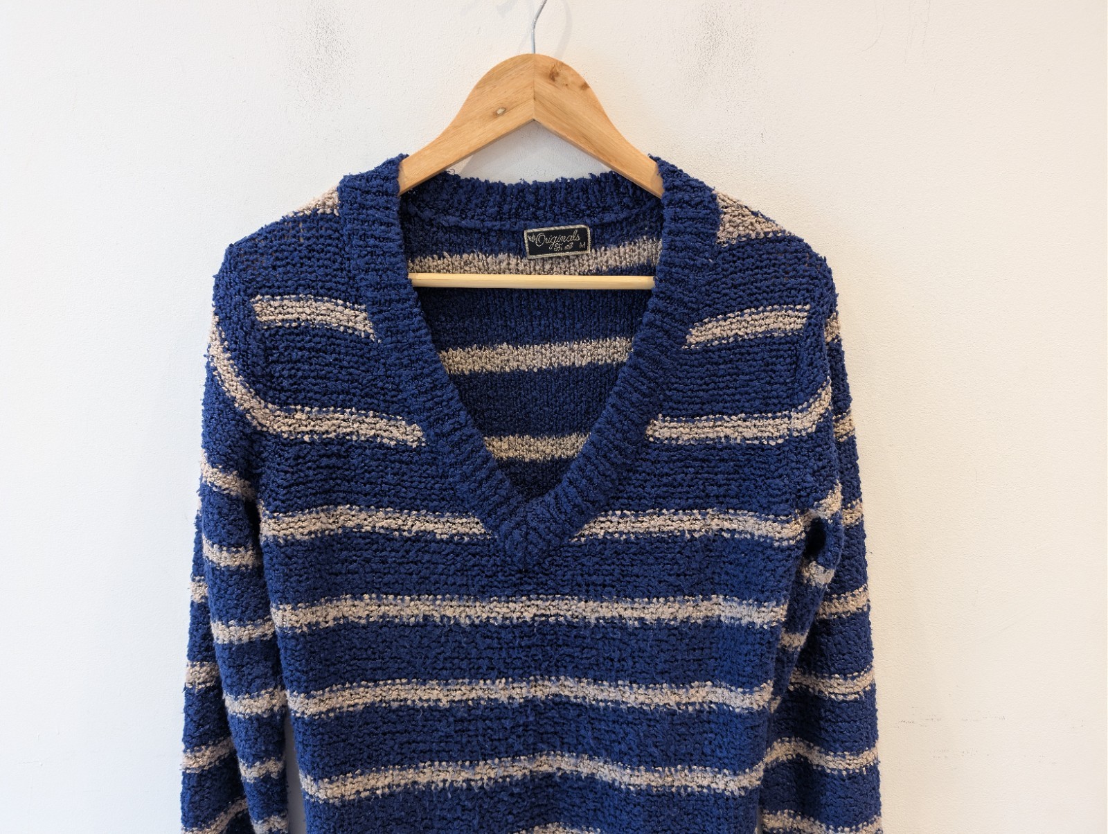 Originals Blue Beige Striped Chunky Knit Longline Jumper Womens Size M V Neck GC