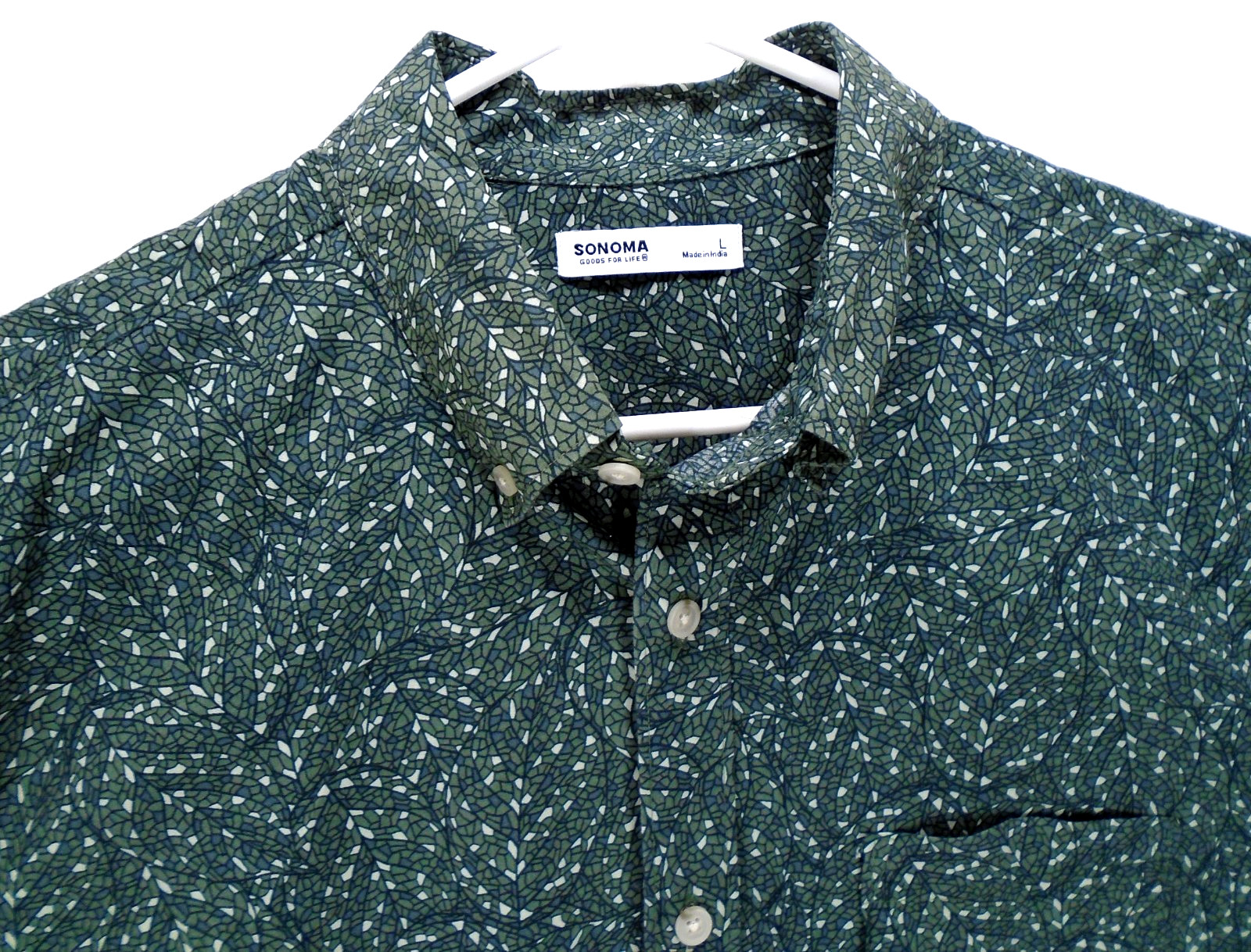 Sonoma Green Leaf Mini Print Abstract Button Front Cotton Blend Shirt LG