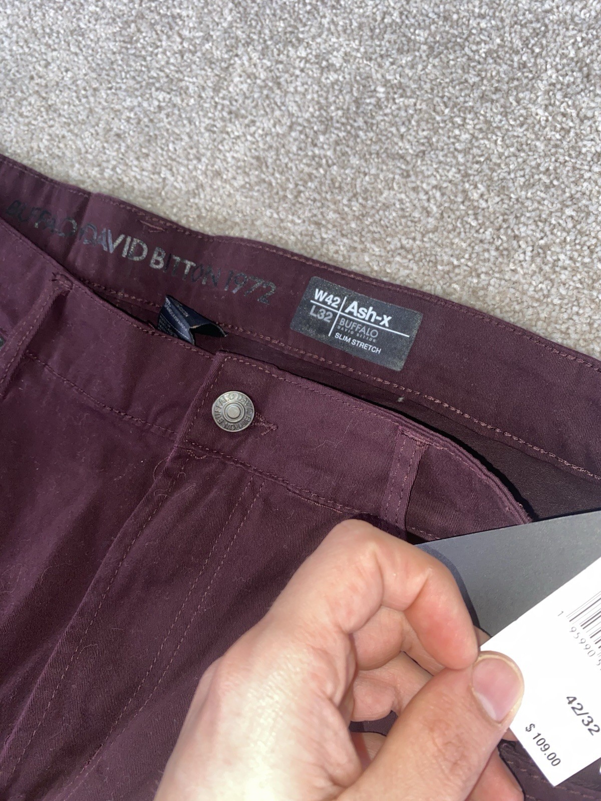 Buffalo David Bitton Jeans Ash X Slim Stretch Cotton 42×32 Maroon NWT MSRP $109