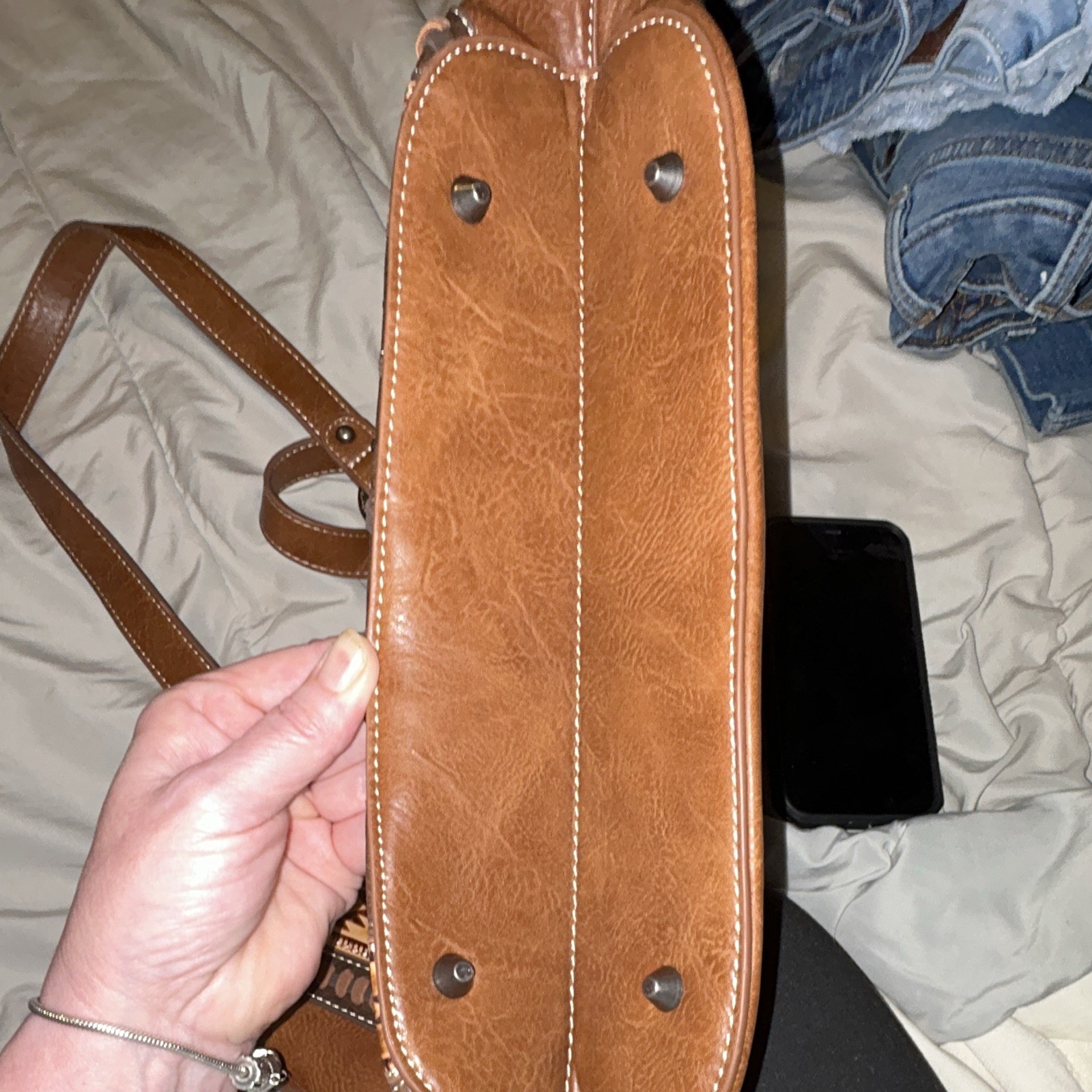 Montana West Brown Western Geometric Studded Tote Zip Inner/Outer Pockets