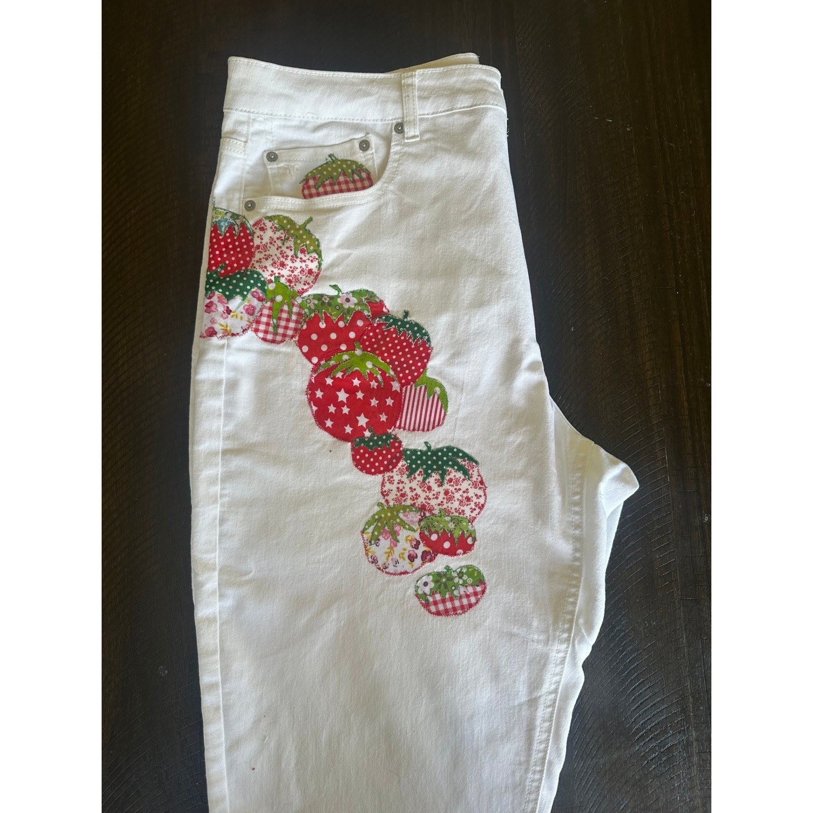 Frye Upcycled Artisan Strawberry Patchwork White Denim Jeans Cottagecore