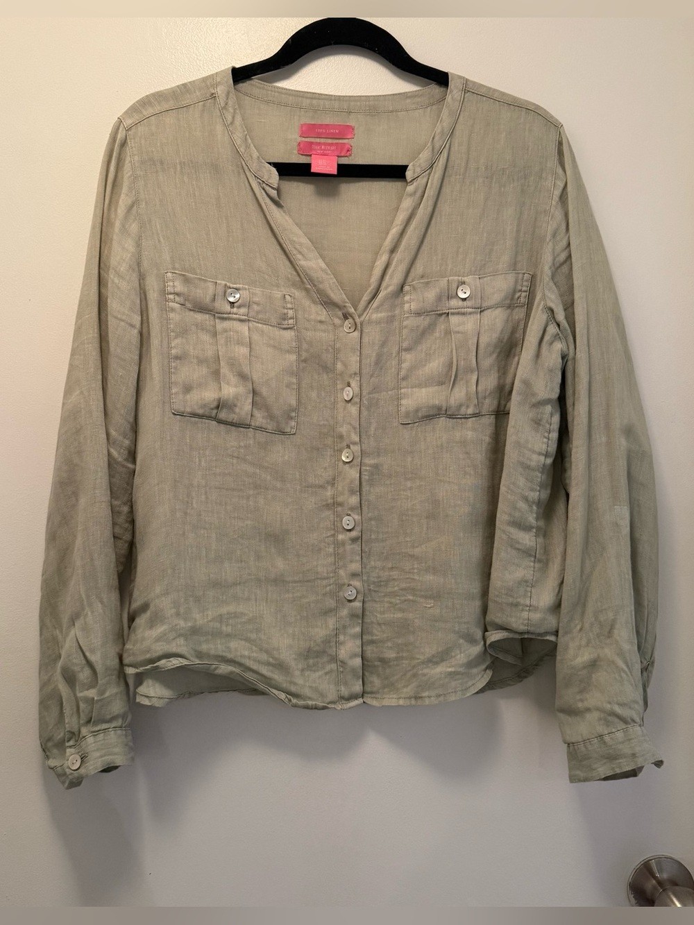Isaac Mizrahi NY 100% Linen Button Down Blouse Sage Melange Size M