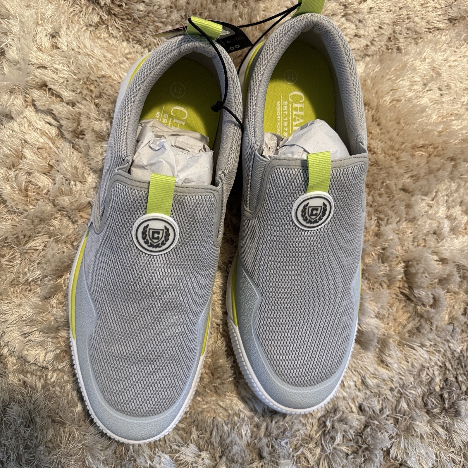 Chaps Gray Yellow Mesh Slip On Memory Foam Athletic Sneakers Low Top Men