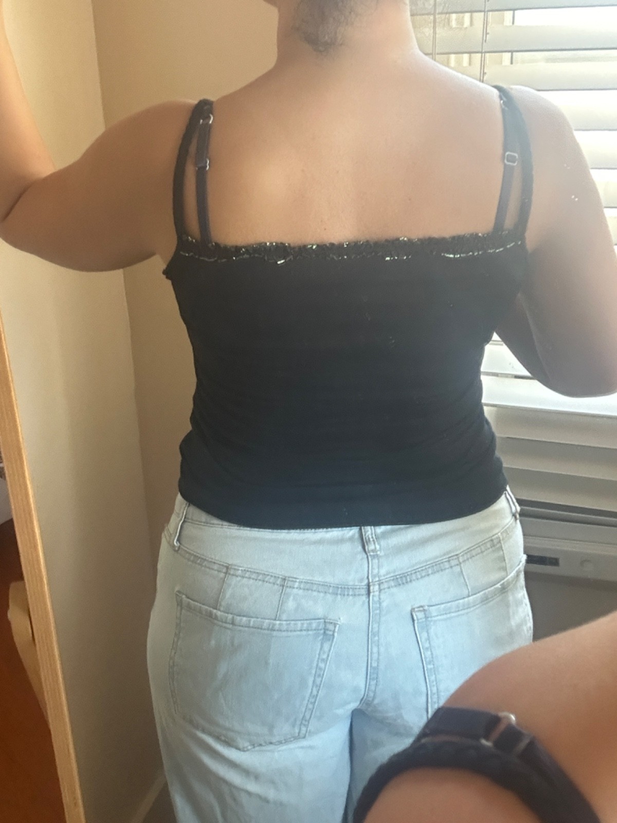Black Lace Trim Metallic Shimmer Camisole Braided Spagetti Strap Tank Top