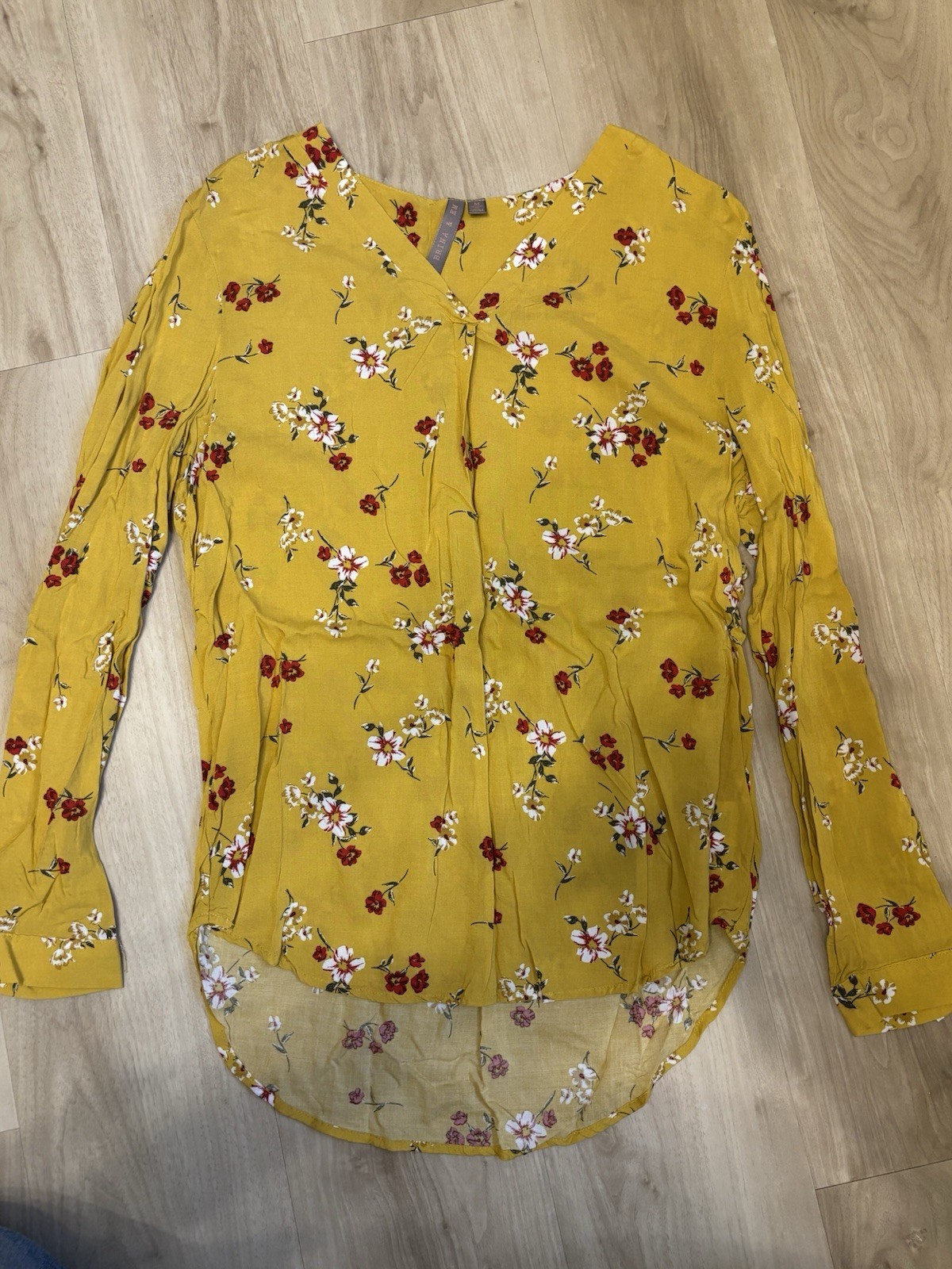 Brina & EM Blouse Medium Mustard Yellow Red White Floral 100% Rayon