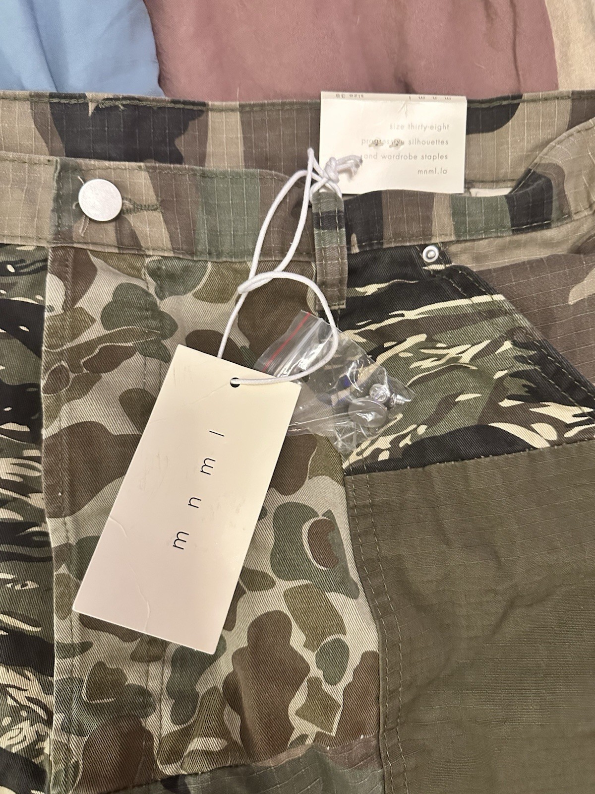 MNML Ultra Baggy Patchwork Denim Jeans, mixed camouflage panel design. Size 38