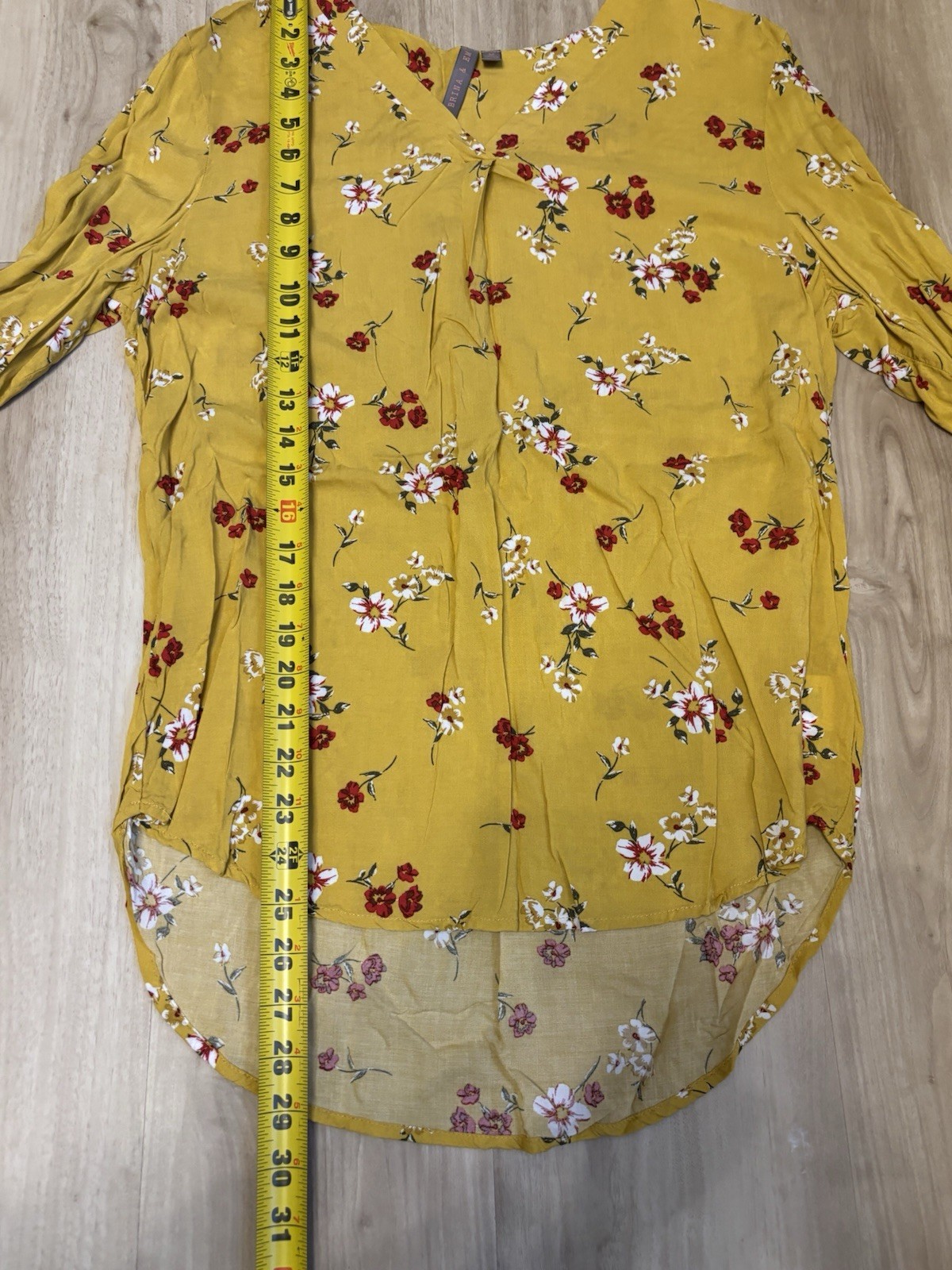 Brina & EM Blouse Medium Mustard Yellow Red White Floral 100% Rayon