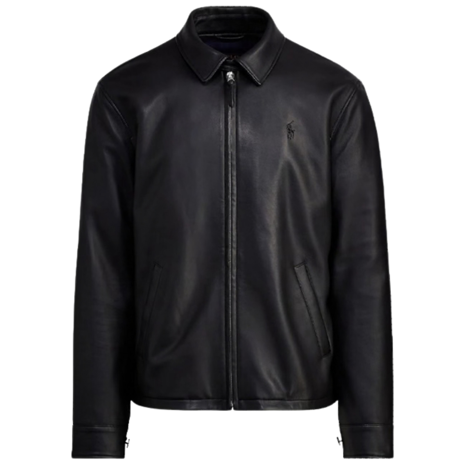 Lauren Ralph Design Black Polo Collar Leather Jacket Motorcycle Biker Casual Men