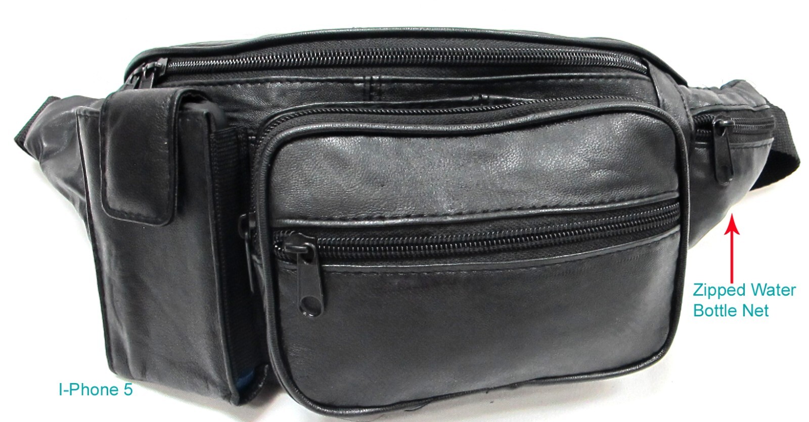 5 Pocket Large Genuine Lambskin Soft Leather Fanny Pack with Bottle Holder BLACK