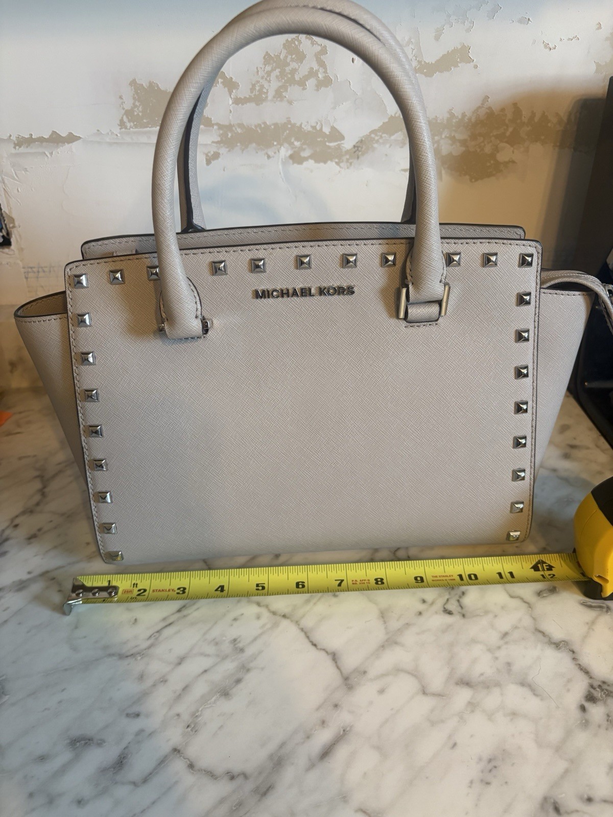 Michael Kors Beige Studded Logo Medium Satchel Top Handle Zip, Silver HW