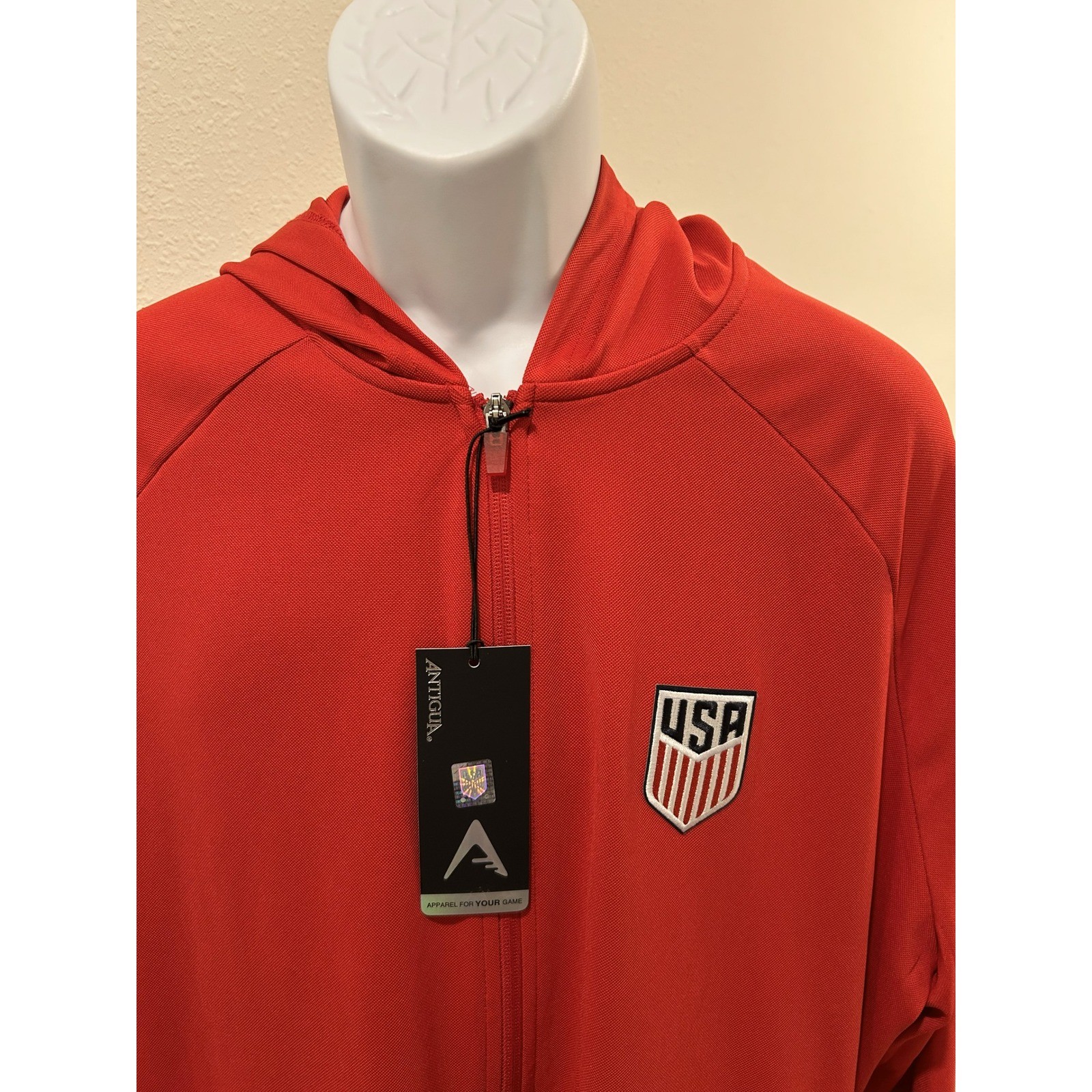 Antigua USA Soccer Full Zip Hooded Jacket Mens 2XL Red Lightweight Performance
