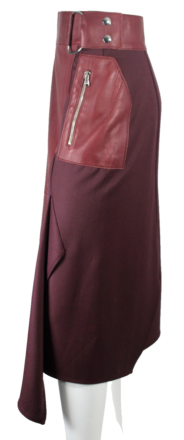 3.1 PHILLIP LIM Crimson Red Leather & Wool Twill Asymmetric A-Line Skirt 8