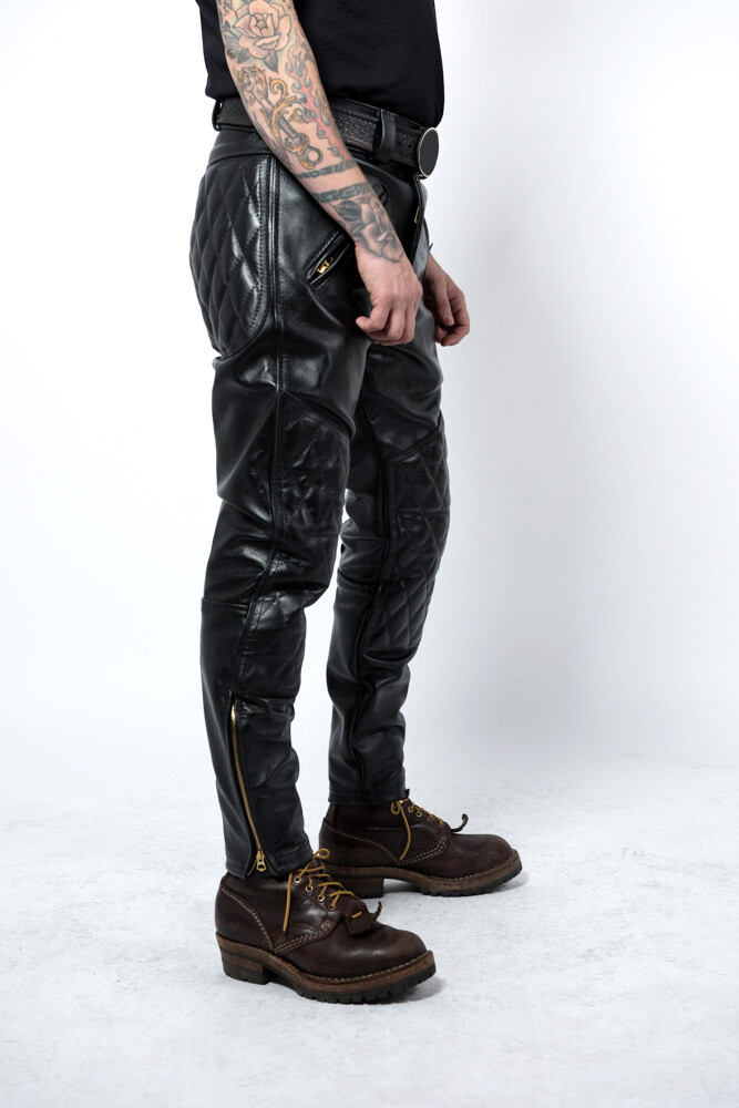 Men’s Real Leather Bikers Pants With Quilted Panels Bikers Leather BLUF Pants