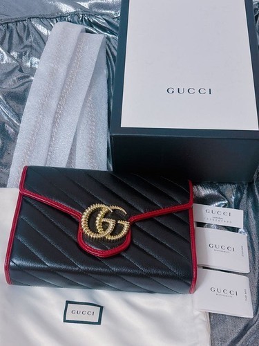 GUCCI Mini Marmont Shoulder Bag Black x Red Leather Chain Shoulder Strap Auth