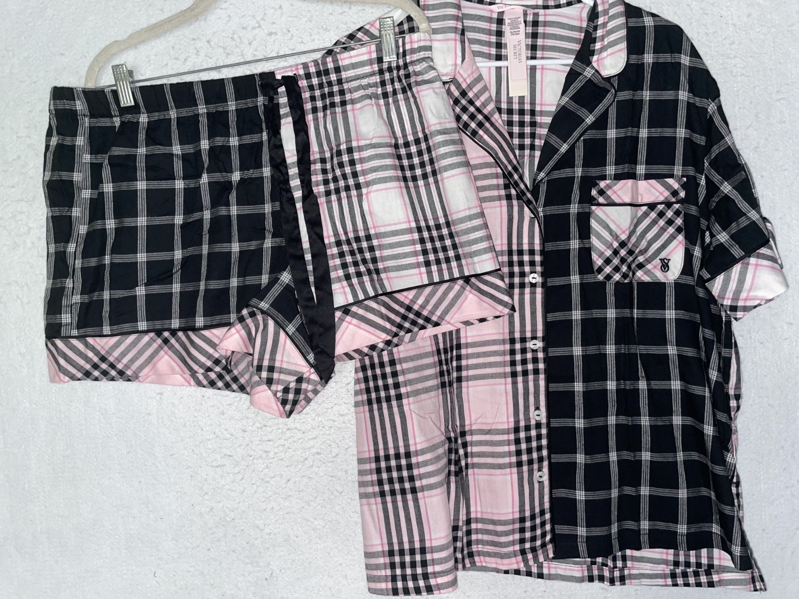 Victoria’s Secret Flannel Short Pajama Set NEW XL Plaid Pink Black Patchwork