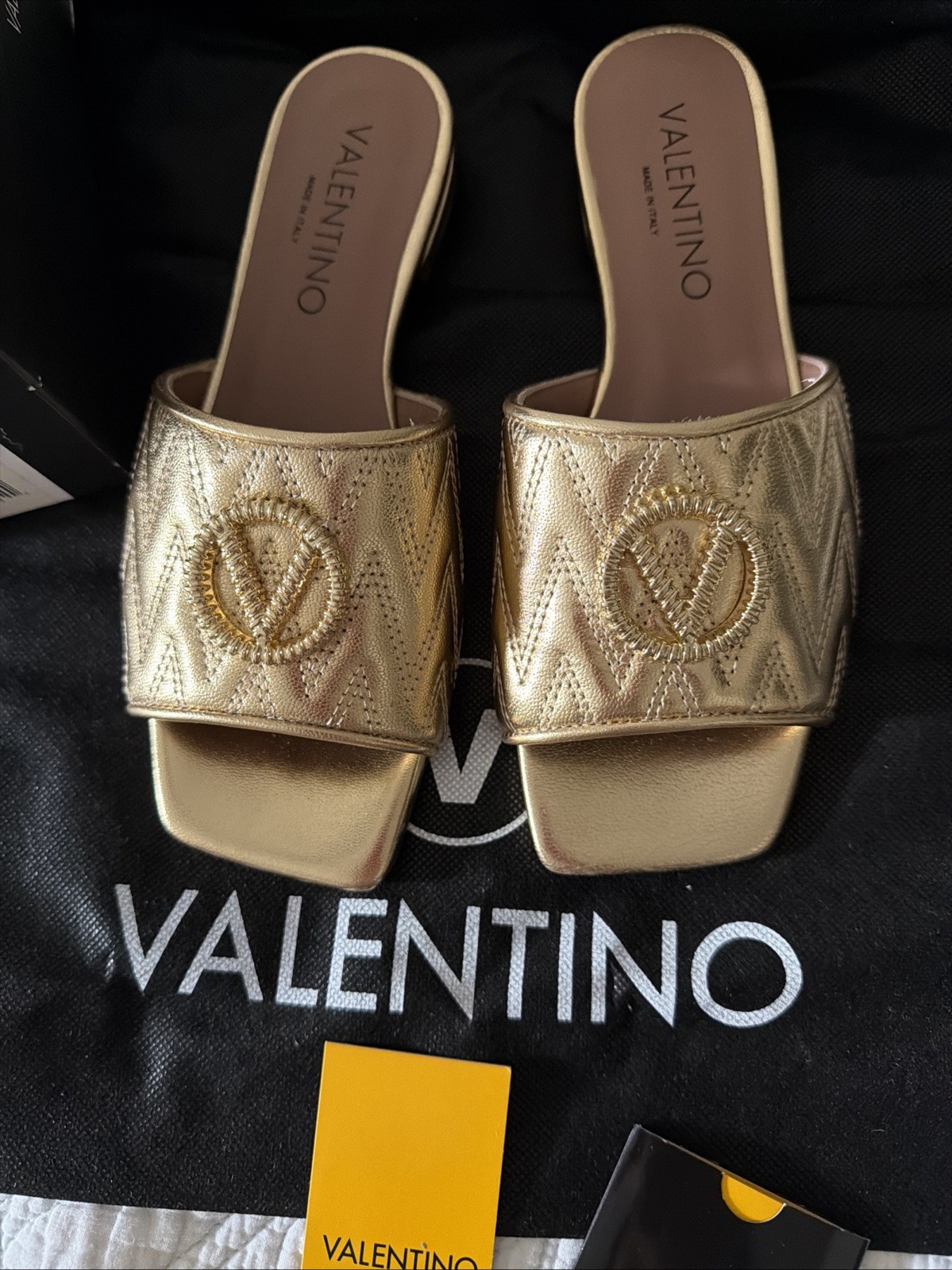 VALENTINO AFRODITE LOGO QUILTED LEATHER SLIP-ON SANDALS IN GOLD 6