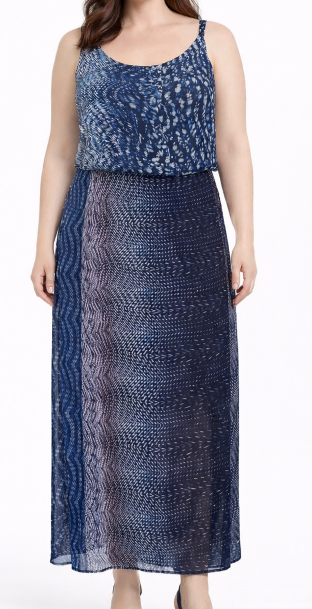ABS Allen Schwartz Chic Resort Maxi Dress 16 Blue Geometric Sheer Overlay $328