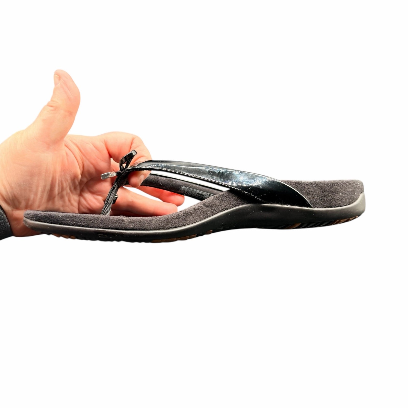 Vionic Bella II Black Patent Bow Thong Sandals Womens Size 10