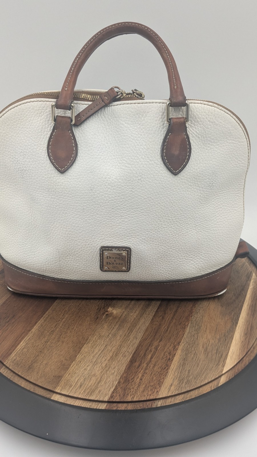 Dooney & Bourke Pebble Grain White Leather Zip Dome Satchel British Tan Purse