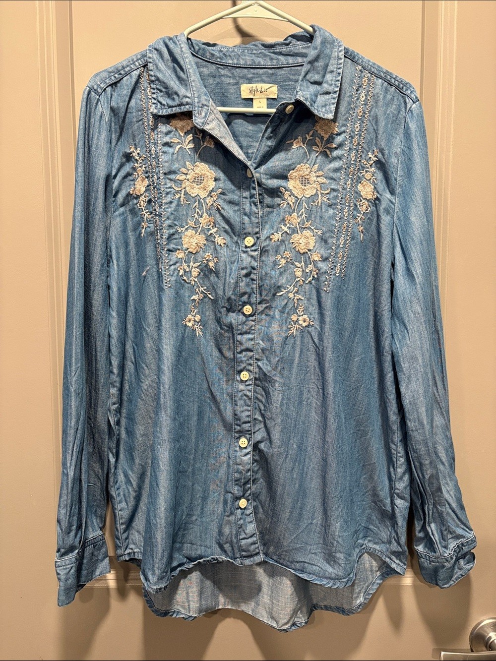 Style & Co Embroidered Chambray Lyocell Button Up Shirt Floral Boho L