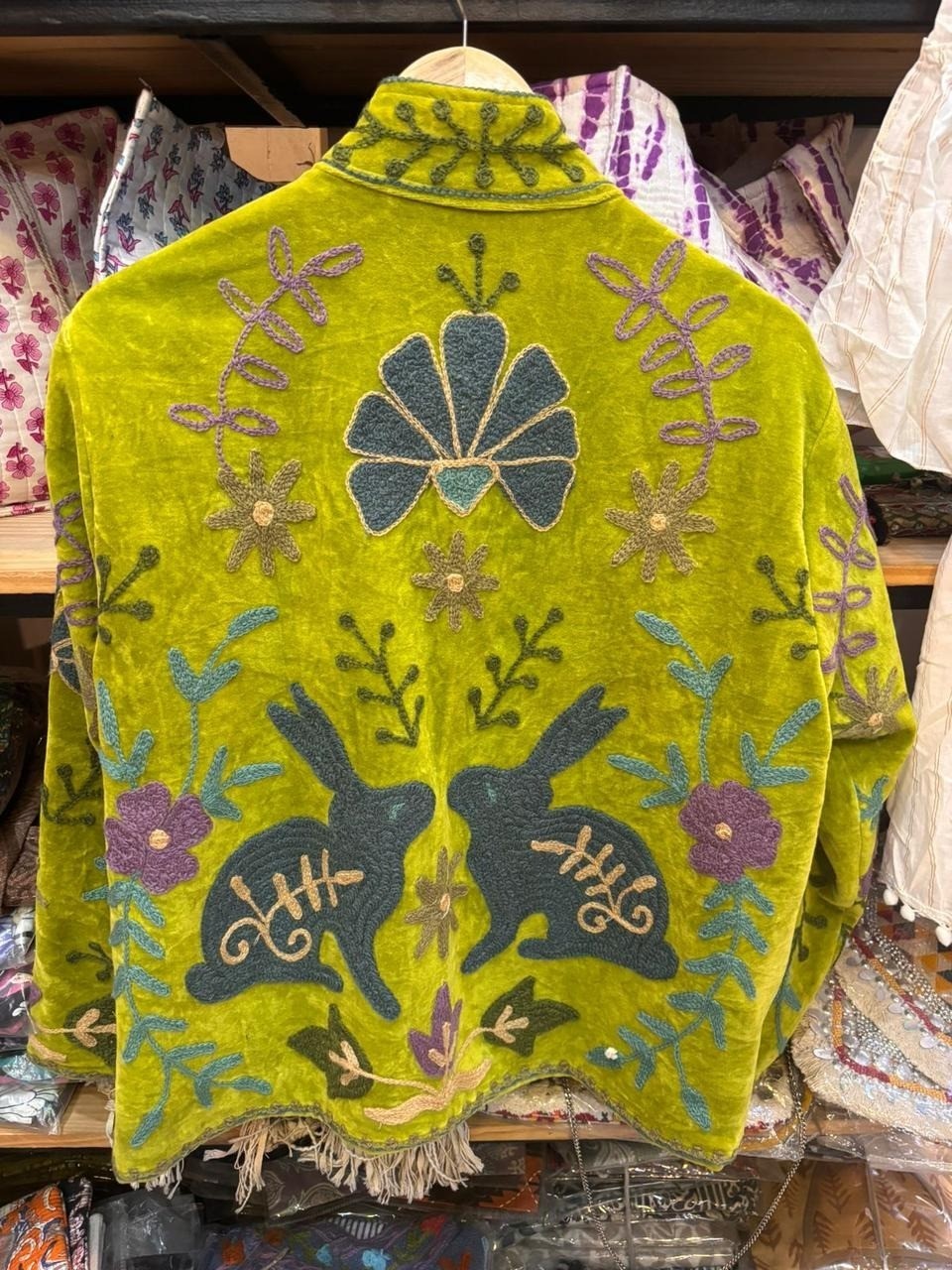 Handmade Suzani Embroidered Velvet Jacket Green Rabbit Floral Boho Ethnic Coat
