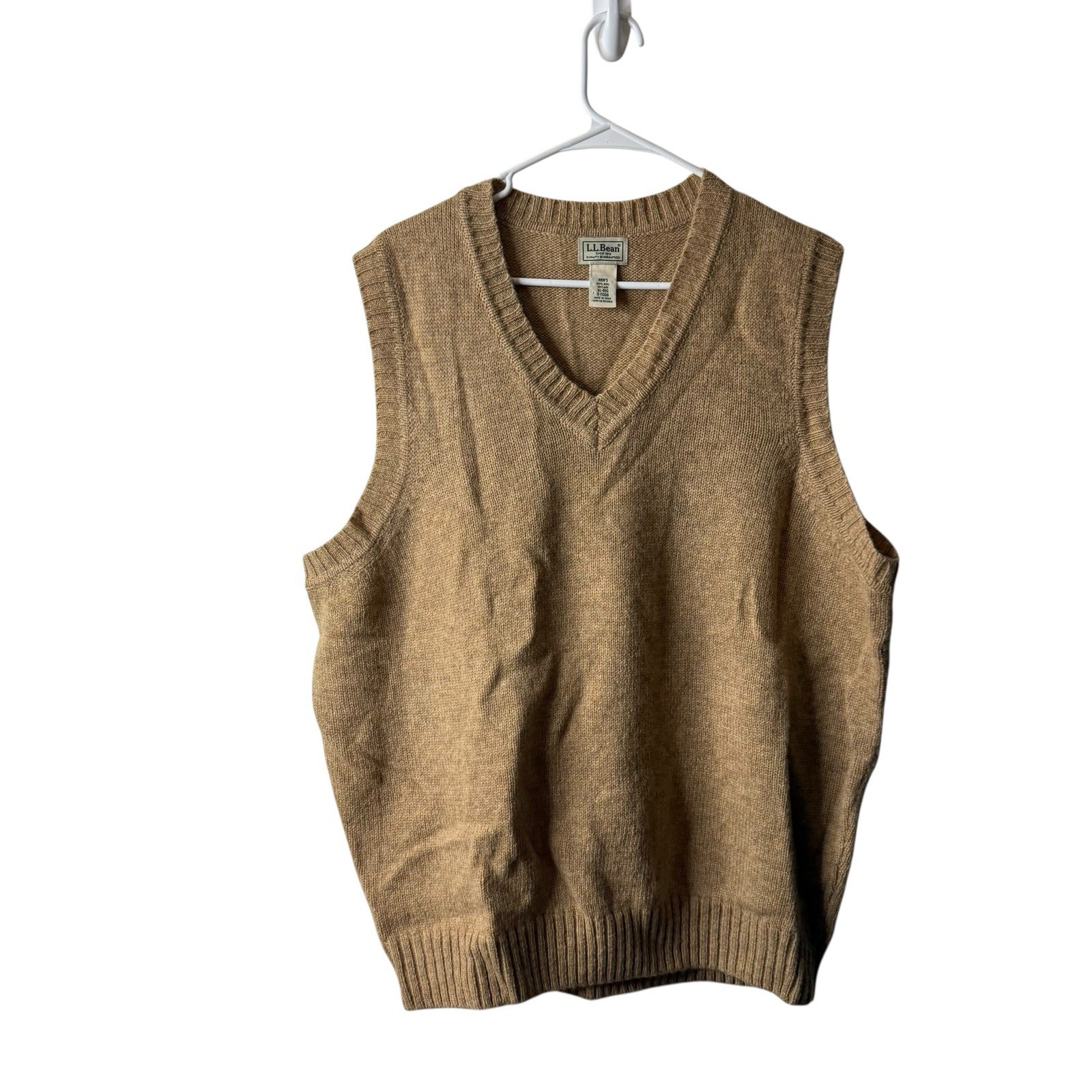 Vintage LL Bean Tan Brown 100% Wool Mens Sweater Vest Size XL