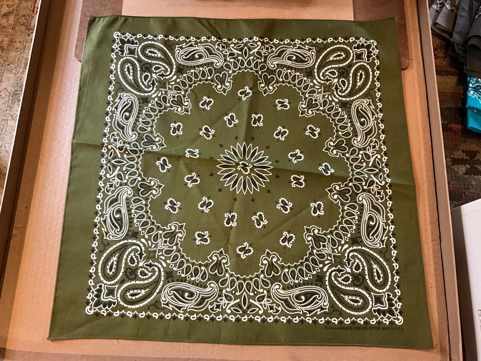 Army Green Paisley 22×22 Bandanna, Made in USA, 100% Cotton