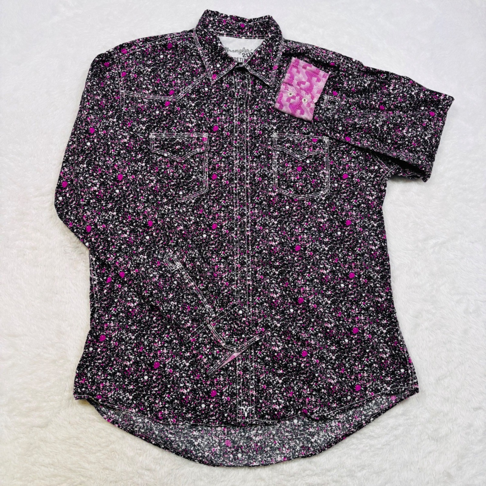 Wrangler 20X Western Shirt Men L Black Pink Paint Splatter Pearl Snap Flip Cuffs