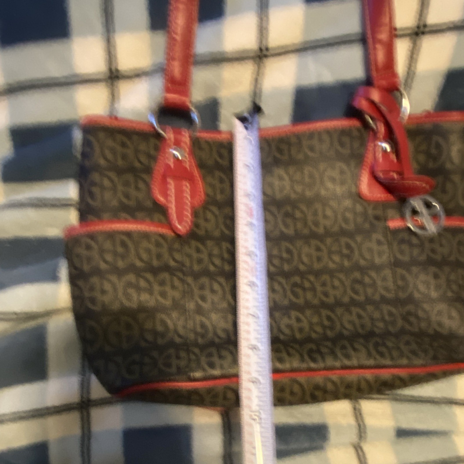 Giani Bernini Brown Logo Shoulder Bag Red Trim Zip Double Handles Silver
