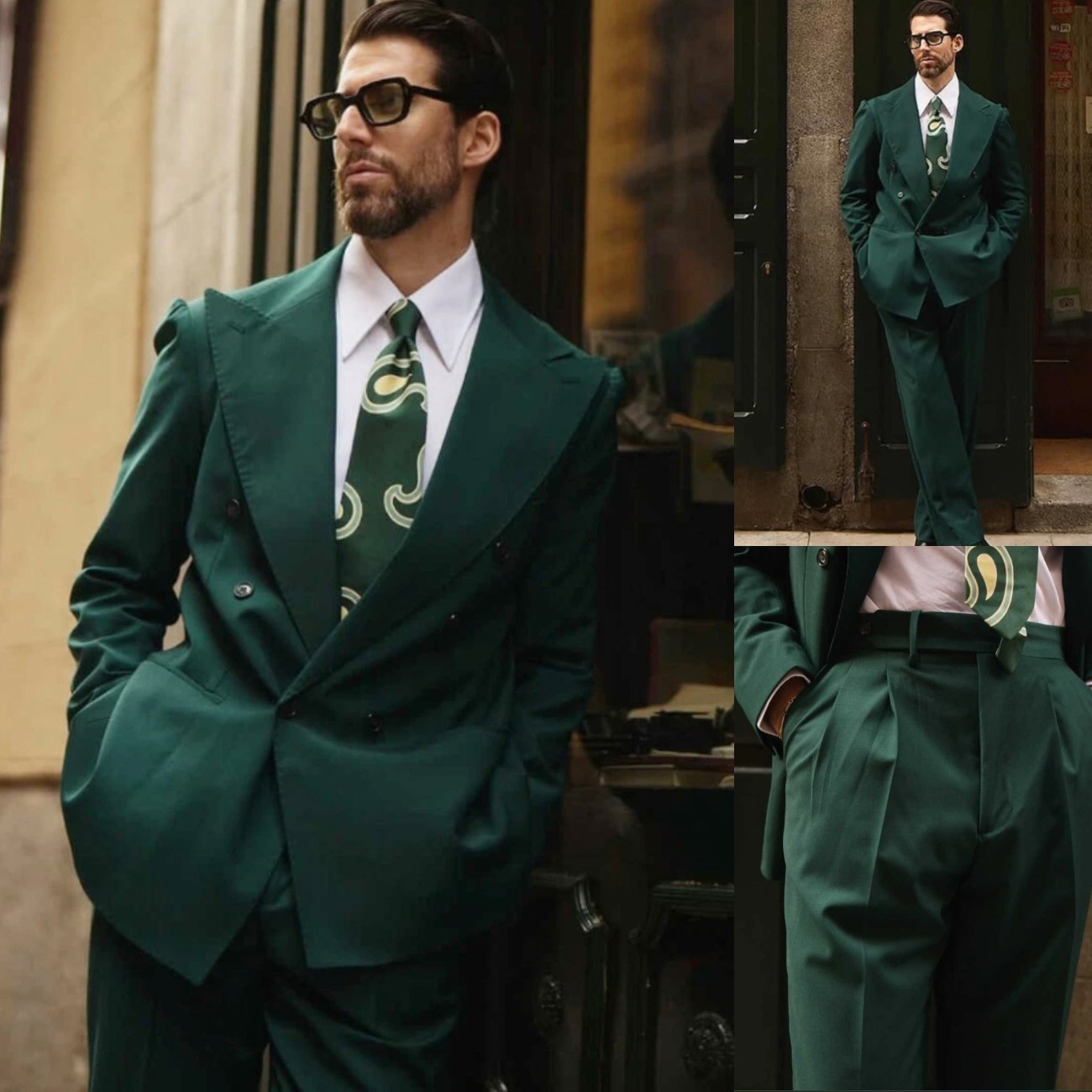 Green Men’s Suits Business Formal Jacket 2Pcs Peak Lapel Workwear Coat Blazer