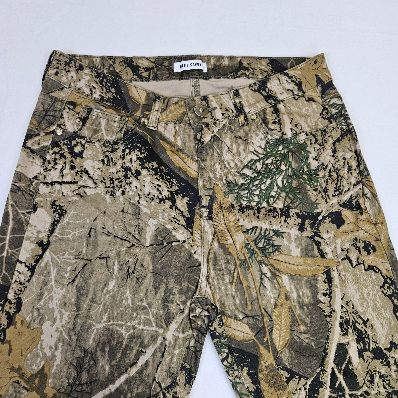 Blue Savvy Camo Pants Womens 14 Jeans Hiking Outdoor Straight Leg Stretch Brown