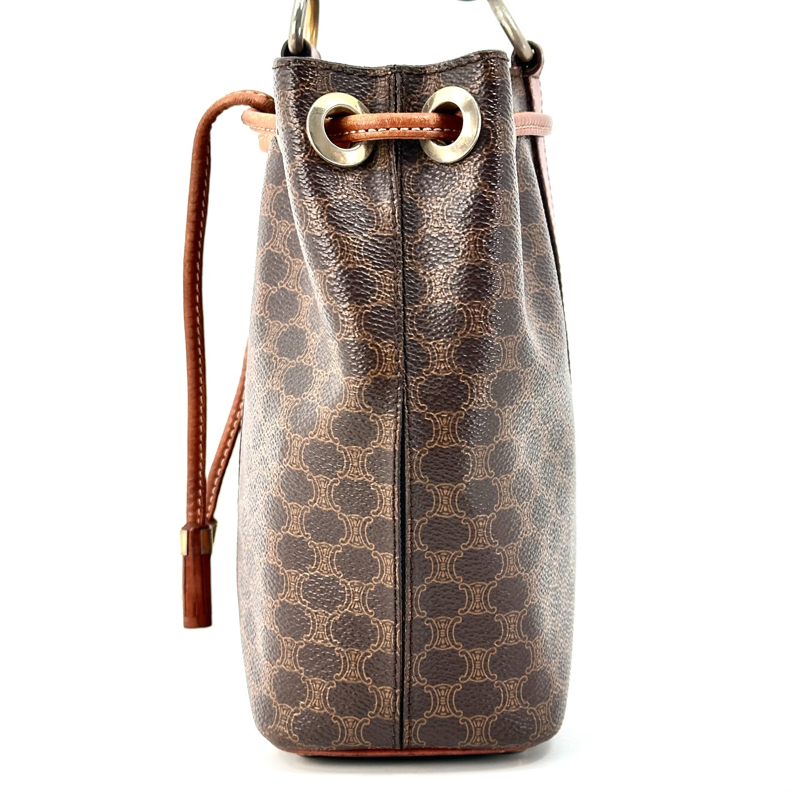 Vintage CELINE Macadam Drawstring Bucket One Shoulder Bag PVC Leather Brown