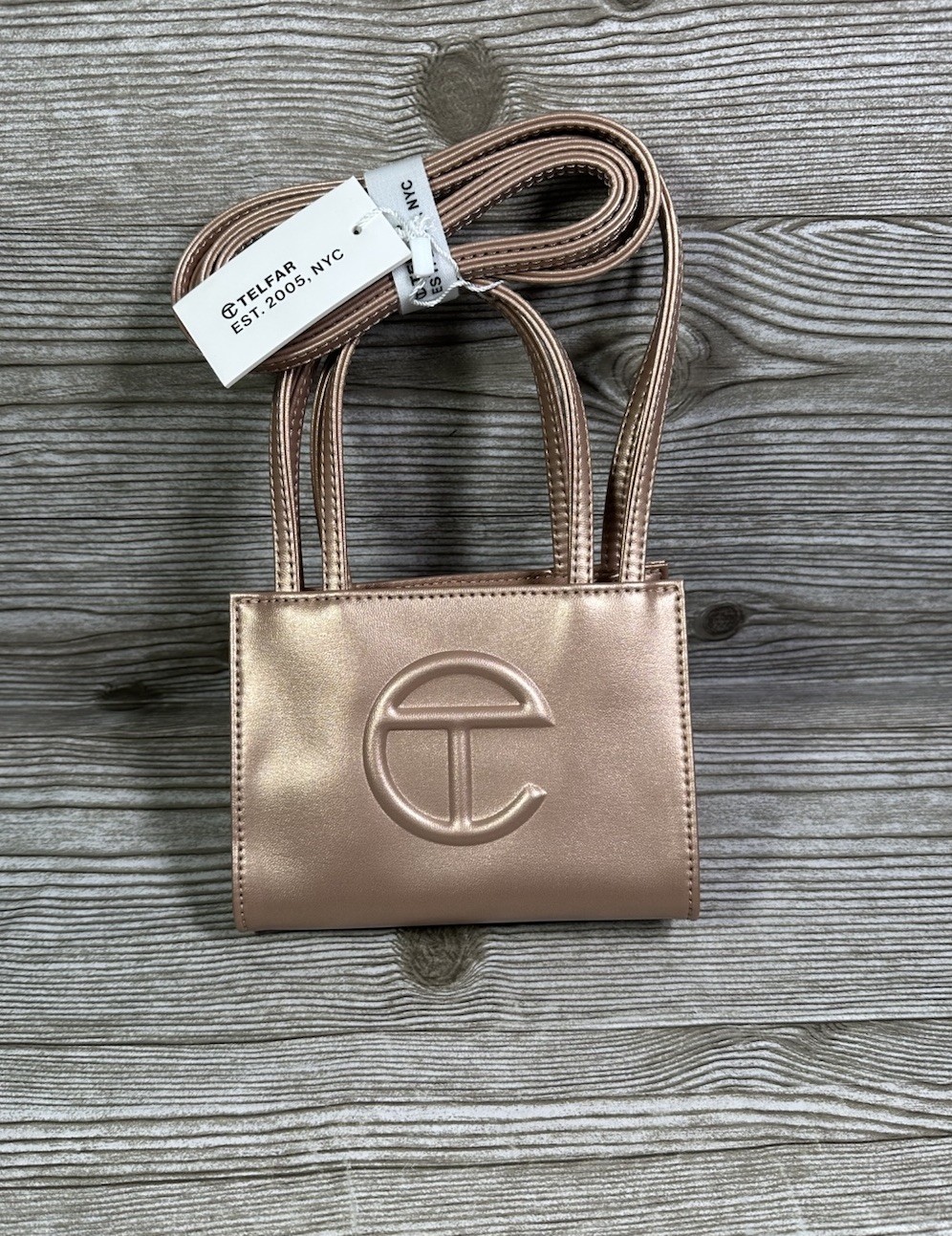 Telfar Small Vegan Leather Cooper Metallic Shopping Bag Purse Mini Party Bag