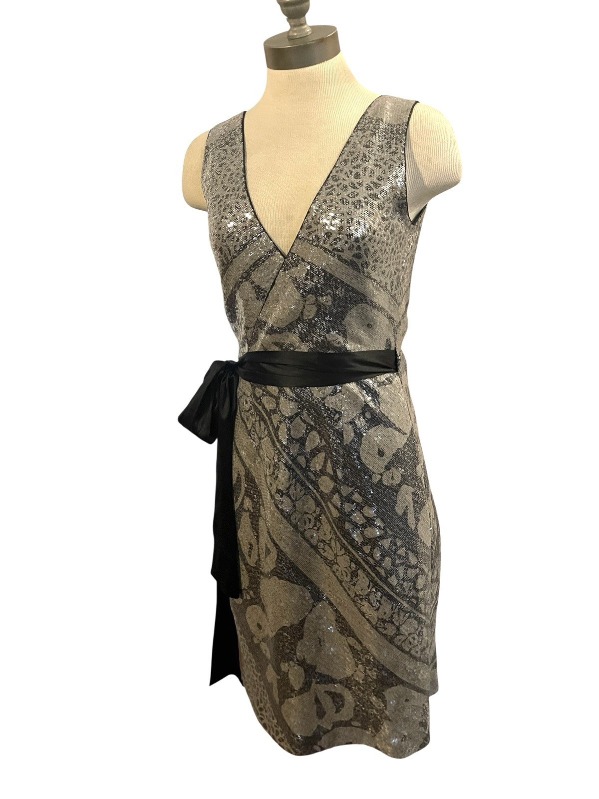 DIANE VON FURSTENBURG Silver Black Sequin V-Neck Wrap Satin Tie Evening Dress