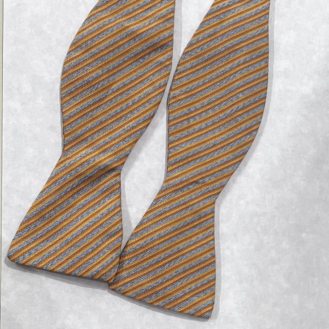 Nicole Miller Bow Tie Tan Gray Striped 2.25″ Wide Self Tie Silk