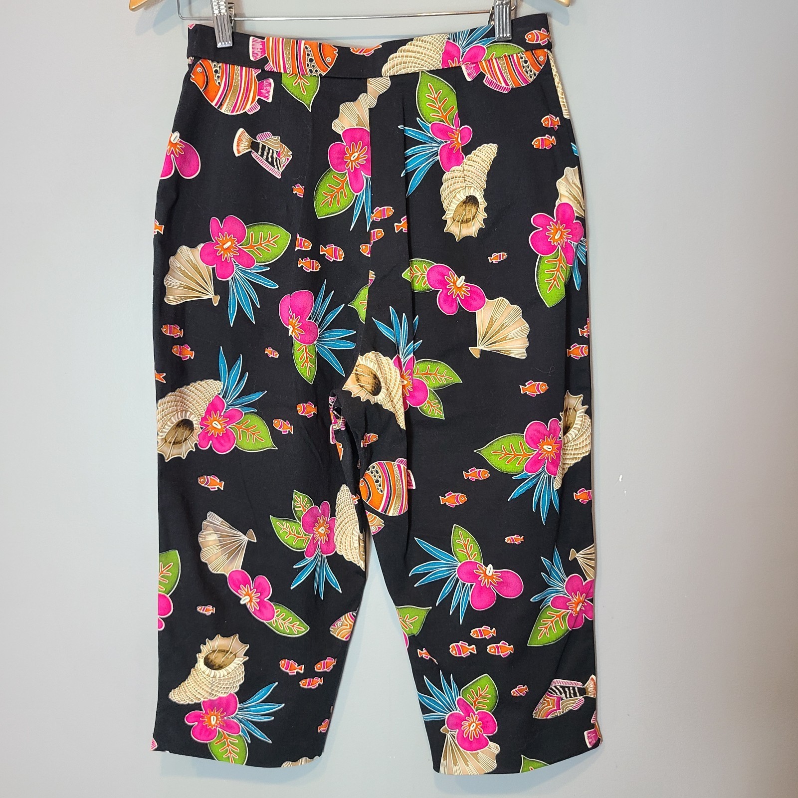 Vtg 90s Crop Capri Pants Seashell Fish Conch Cotton Spandex Sz M Resort Coastal