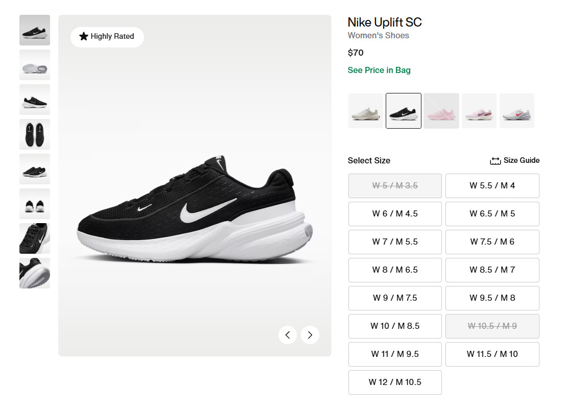 Size 7W/5.5M Nike Uplift SC Black Wolf Grey White IB2766-003 New