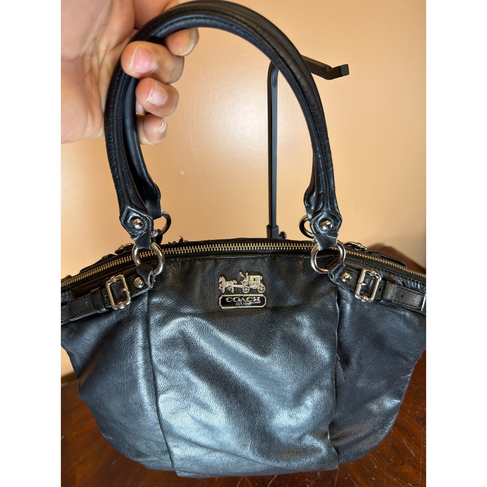 Coach Madison Black Leather Satchel Purple Lining Handbag 18641