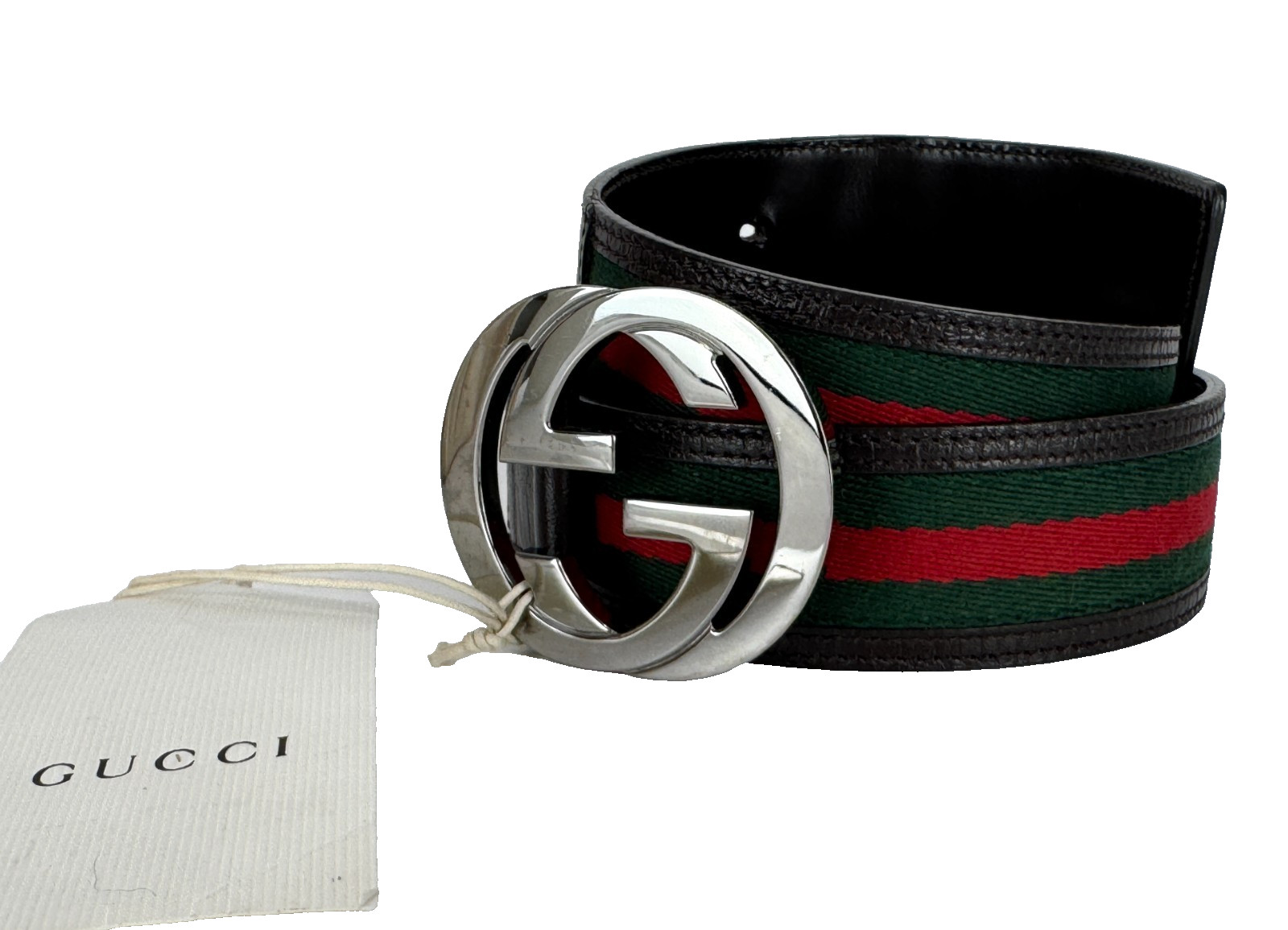 Gucci Auth Web Belt 80 cm 32 in Silver GG Red Green Fabric Brown Leather Runway