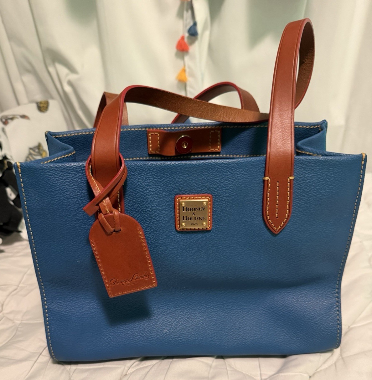 Dooney & Bourke Medium Blue Tote, Brown Double Handles, Zip, Charm, Red Lining