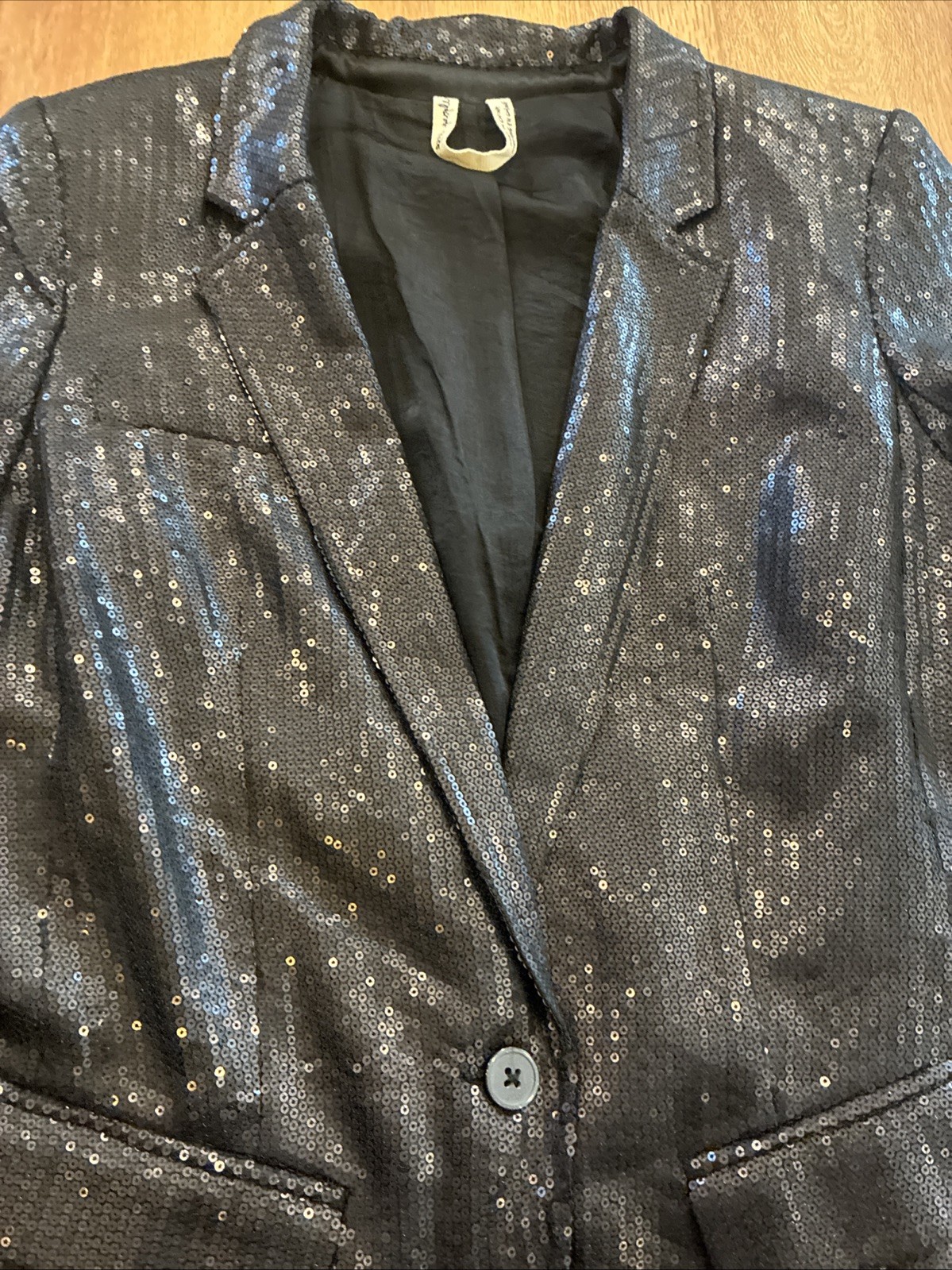 Free People Size 4 Black Sequin Notched Lapel One button Tailored Blazer
