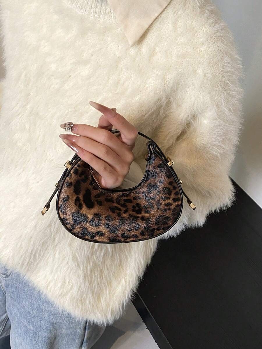 Leopard Print Mini Hobo Bag Half Moon Shoulder Purse Women Fall Winter New
