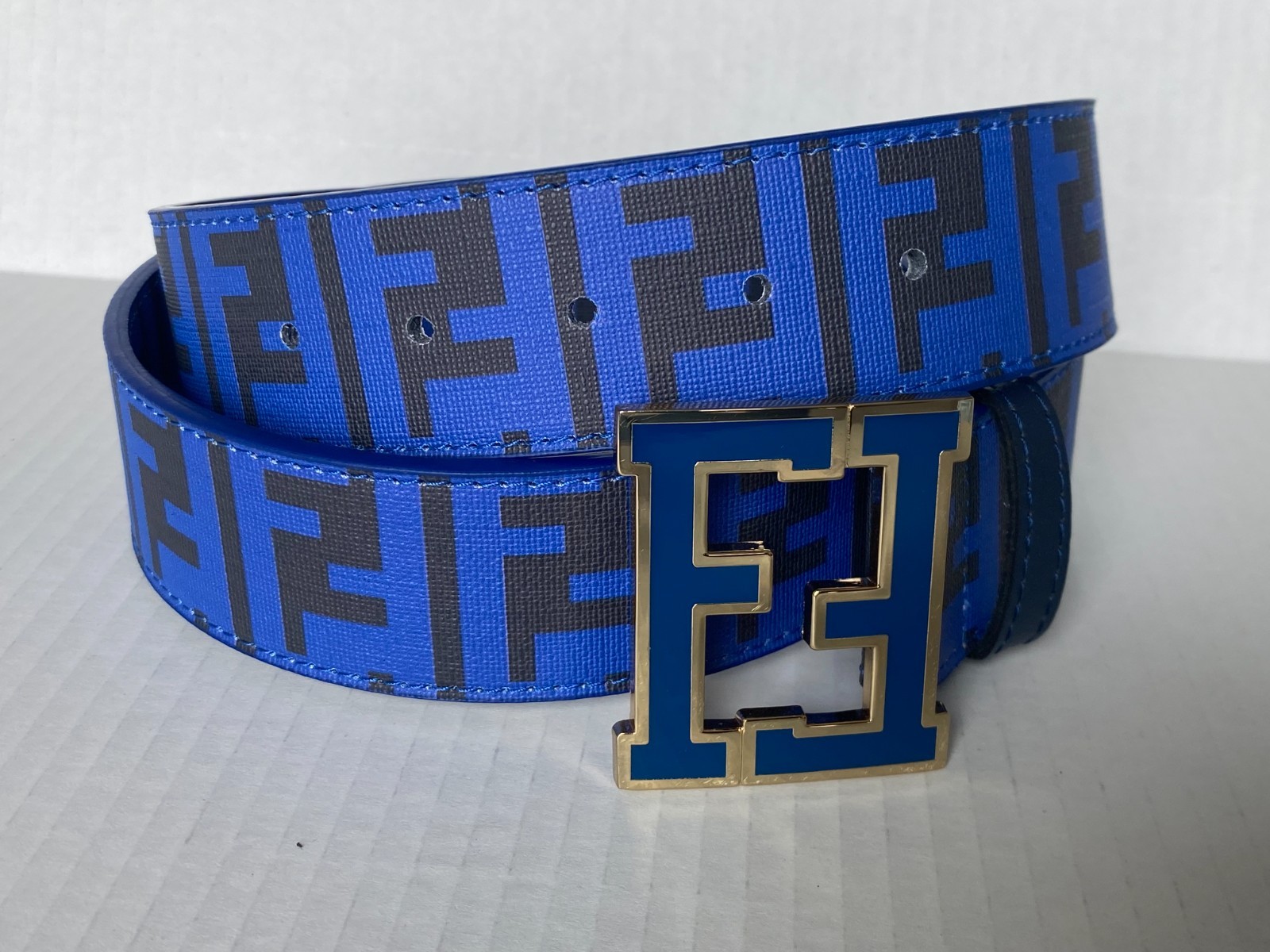 Fendi Belt Blue Zucca Print FF-Buckle Size 32-36
