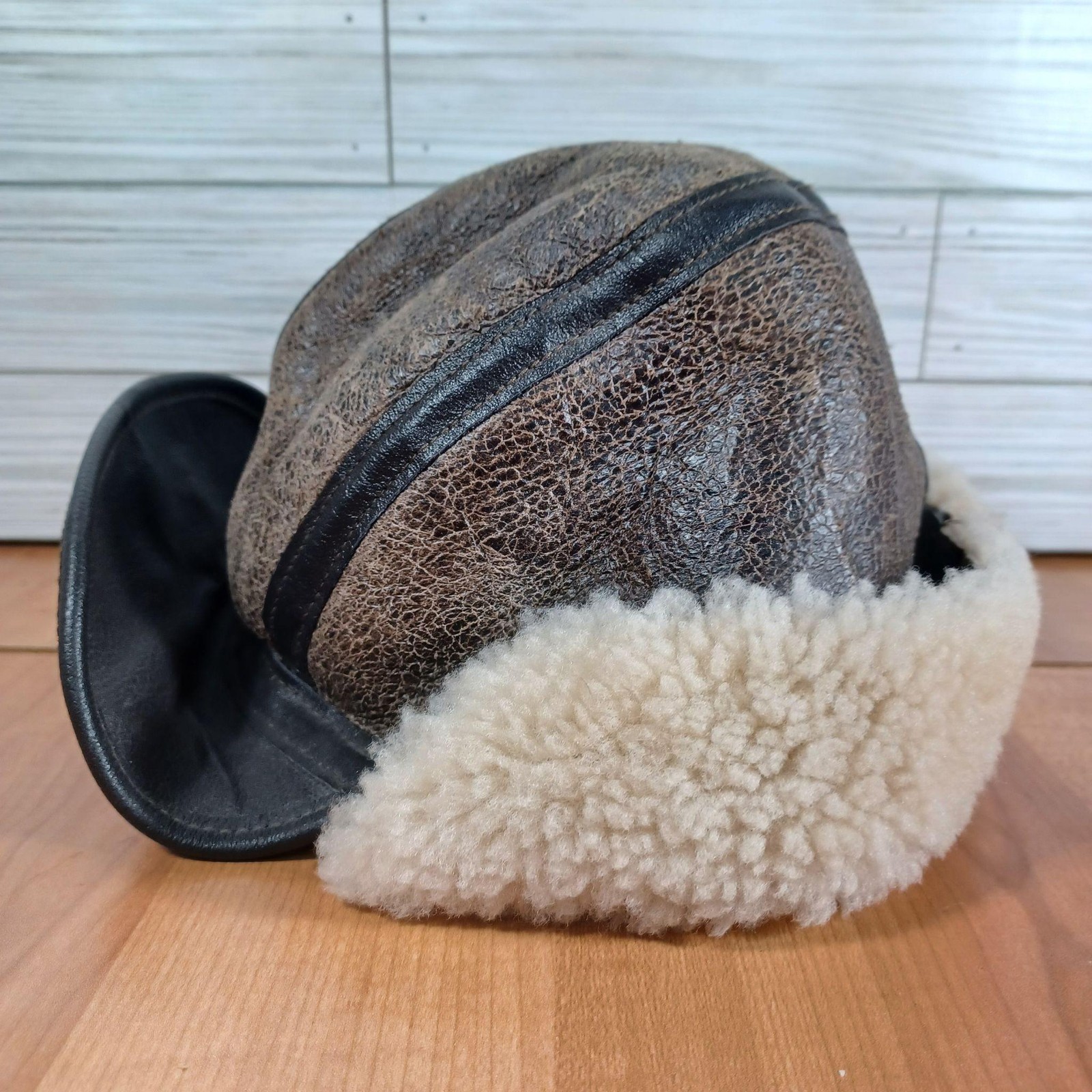 Vtg Avirex Bomber Hat Cap Mens M Brown Leather Shearling Lined Ear Flap Made USA