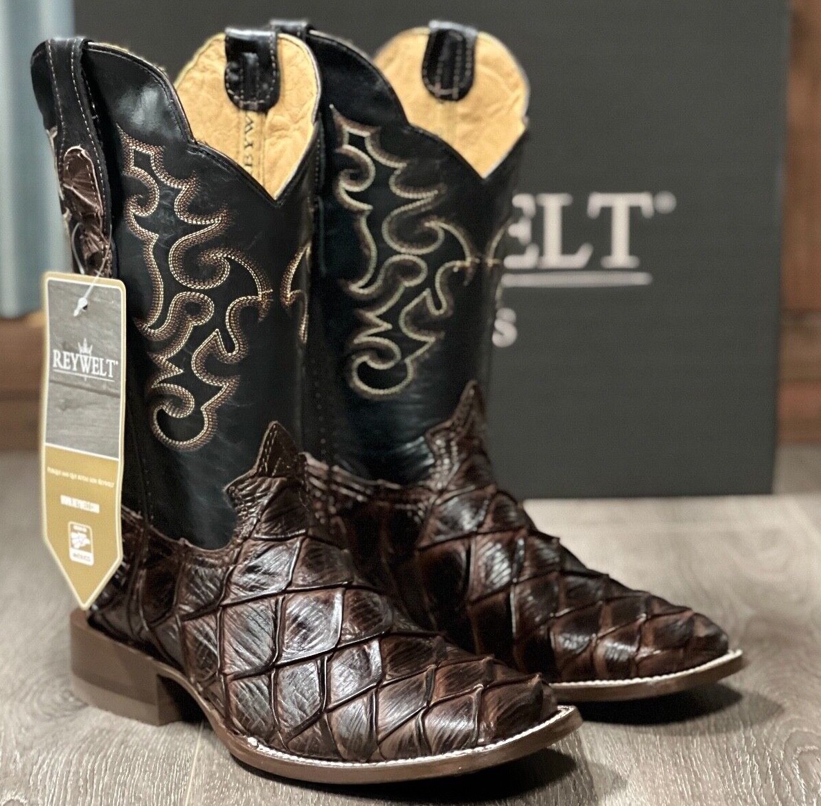 MEN’S RODEO COWBOY FISH PRINT WESTERN SQUARE TOE BOOTS MAR Y TIERRA BOTAS RW