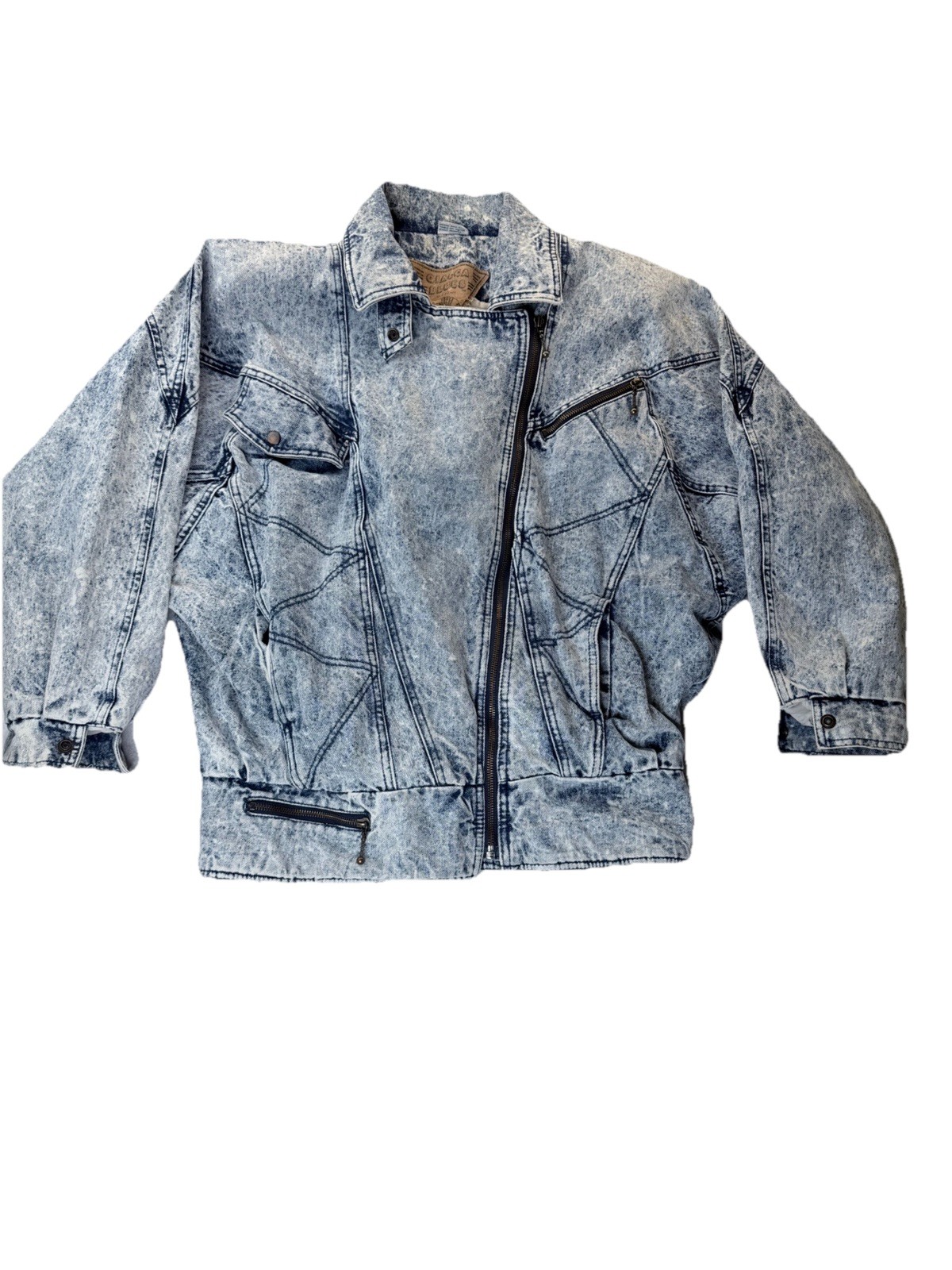 Vintage Giacca Blues Acid Wash Denim Moto Jacket L Asymmetrical Zip 80s 90s